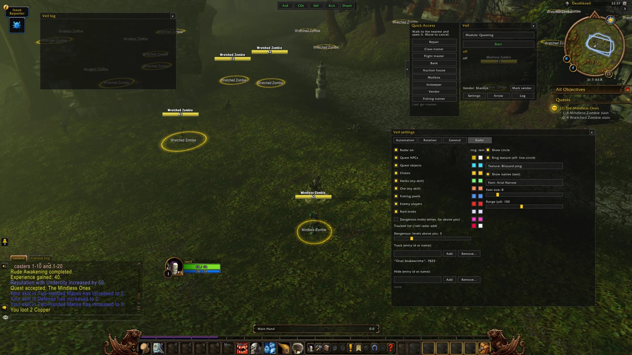 veil2 in game: the Veil window running the Questing module, Quick Access, the log, and the Radar settings tab